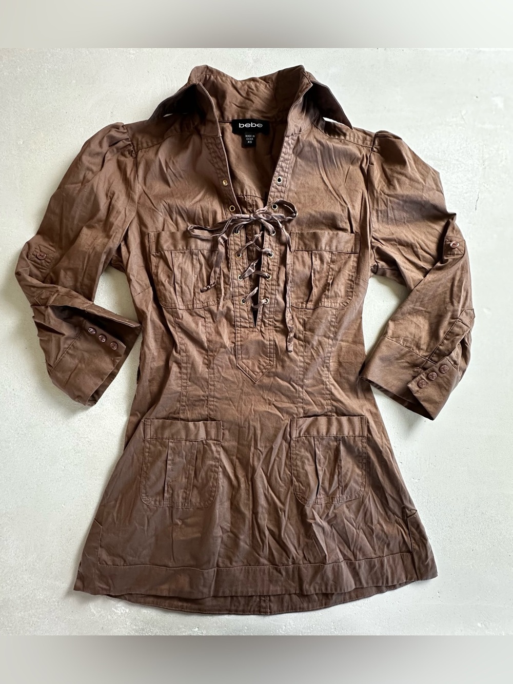 Authentic bebe Taupe Lace-Up Tunic/Dress with Gold Eyelets